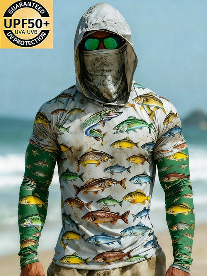 Men's Outdoor Sun Protection Breathable Cool Face Mask Hooded Printed Long-Sleeved Top