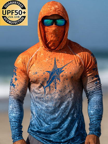 Men's Outdoor Sun Protection Breathable Cool Face Mask Hooded Printed Long-Sleeved Top