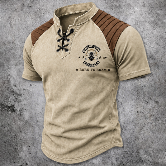 Men's Vintage Graphic Print Lace-Up Henley T-Shirt - Khaki & Brown Padded Shoulder Short Sleeve