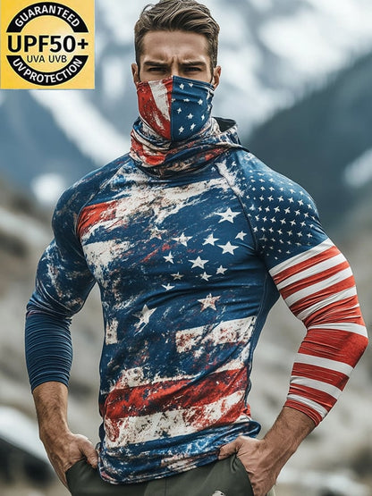 Men's Outdoor Sun Protection Breathable Cool Mask American Flag Print Hooded Sun Protection Long Sleeve Top