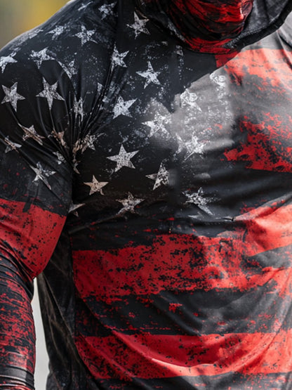 Men's Outdoor Sun-Protective Breathable and Cooling Long Sleeve Hoodie with Flag Print