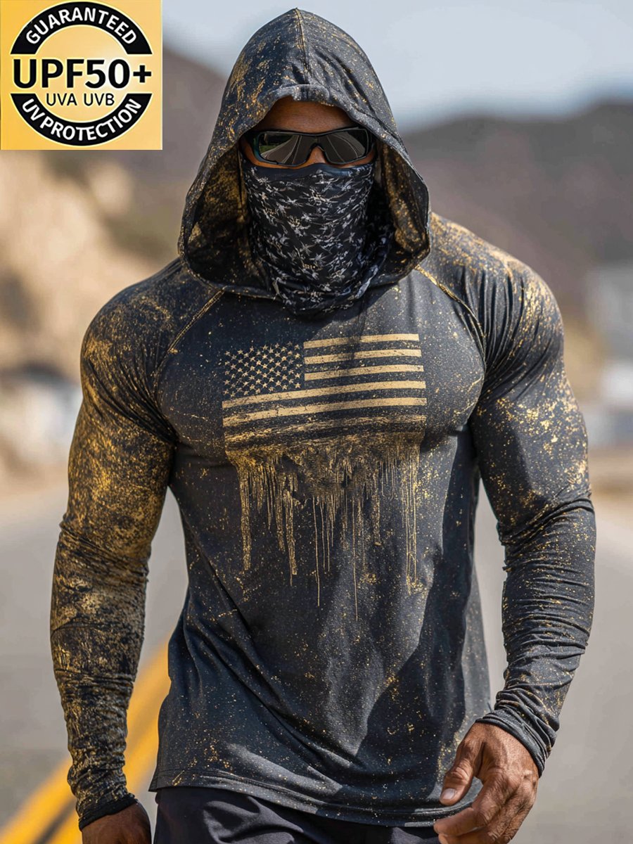 Men's Retro Flag Outdoor Sun Protection Breathable Cooling Mask Hooded Sun Protection Long Sleeve Top