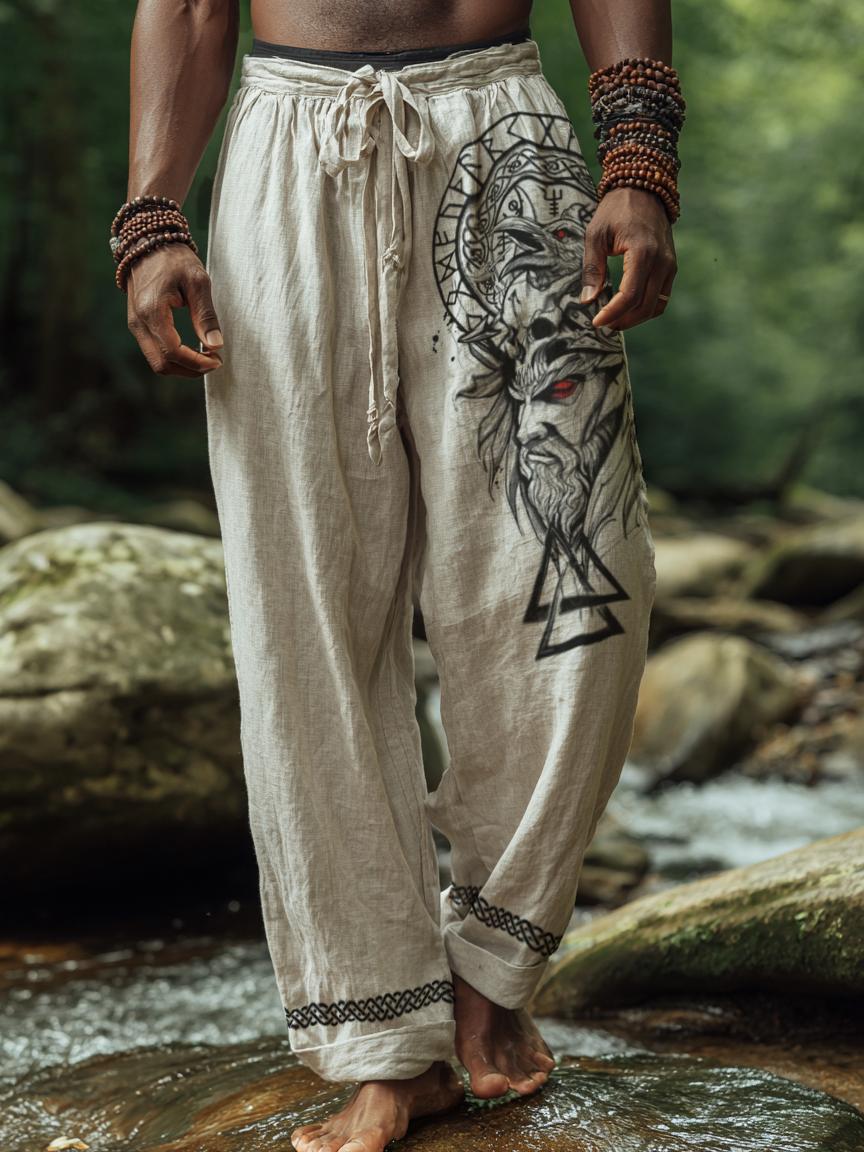 Men's Viking Holiday Style Vintage Ethnic Odin Totem Casual Linen Pants