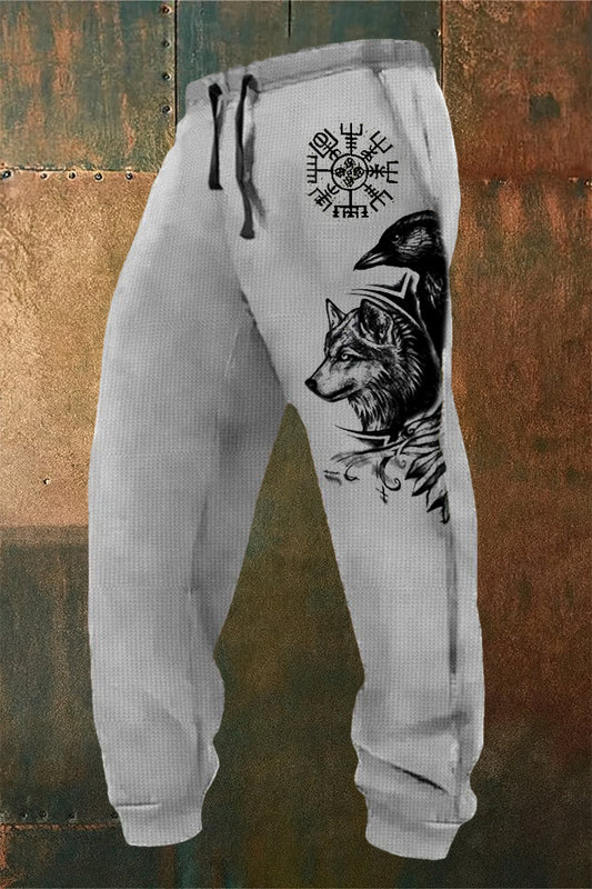 Retro Viking-Style Crow & Wolf Illustration Print Trousers