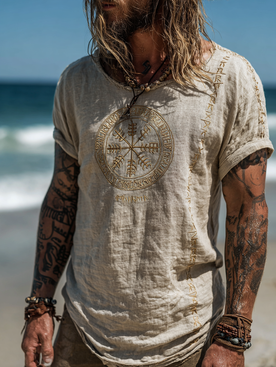 Men's Viking Mythology Runes Pattern Vintage Linen Shirt