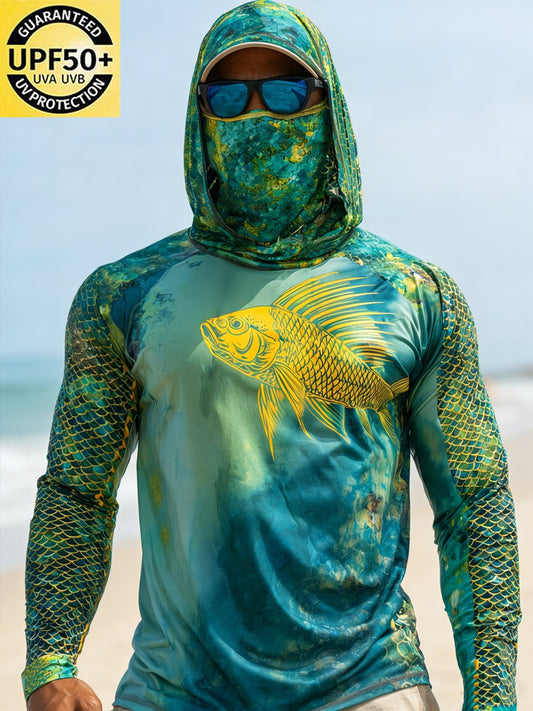 Men's Outdoor Sun Protection Breathable Cool Face Mask Hooded Printed Long-Sleeved Top
