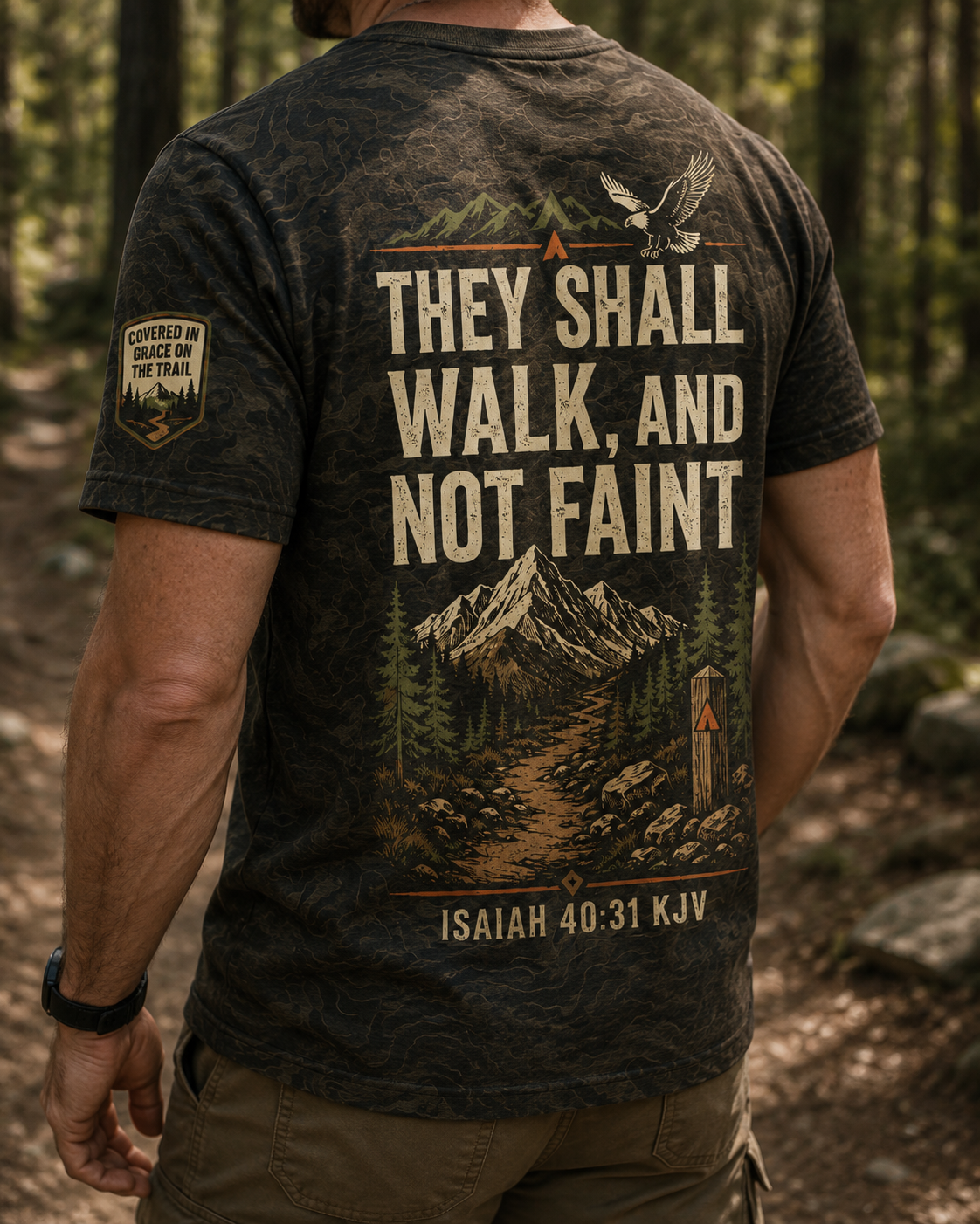 Christian Shirt Camo Hiking Aop, Covered In Grace Topographic Trail Tee
