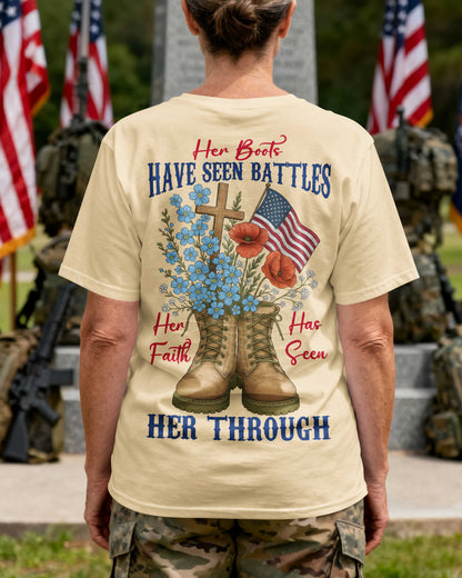 Her Boots Have Seen Battles Her Faith Has Seen Her Through T-Shirt
