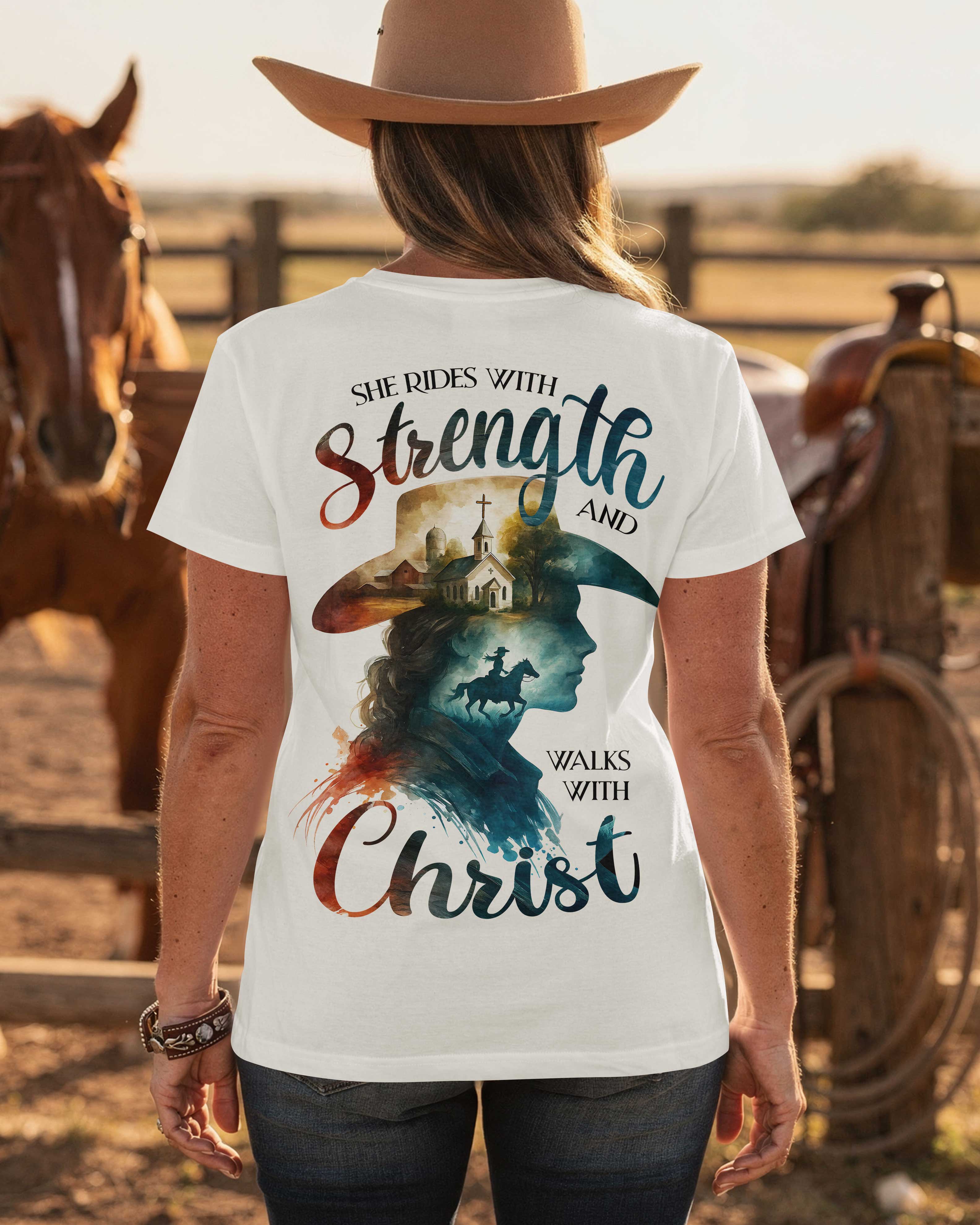 She Rides With Strength And Walks With Christ T-Shirt