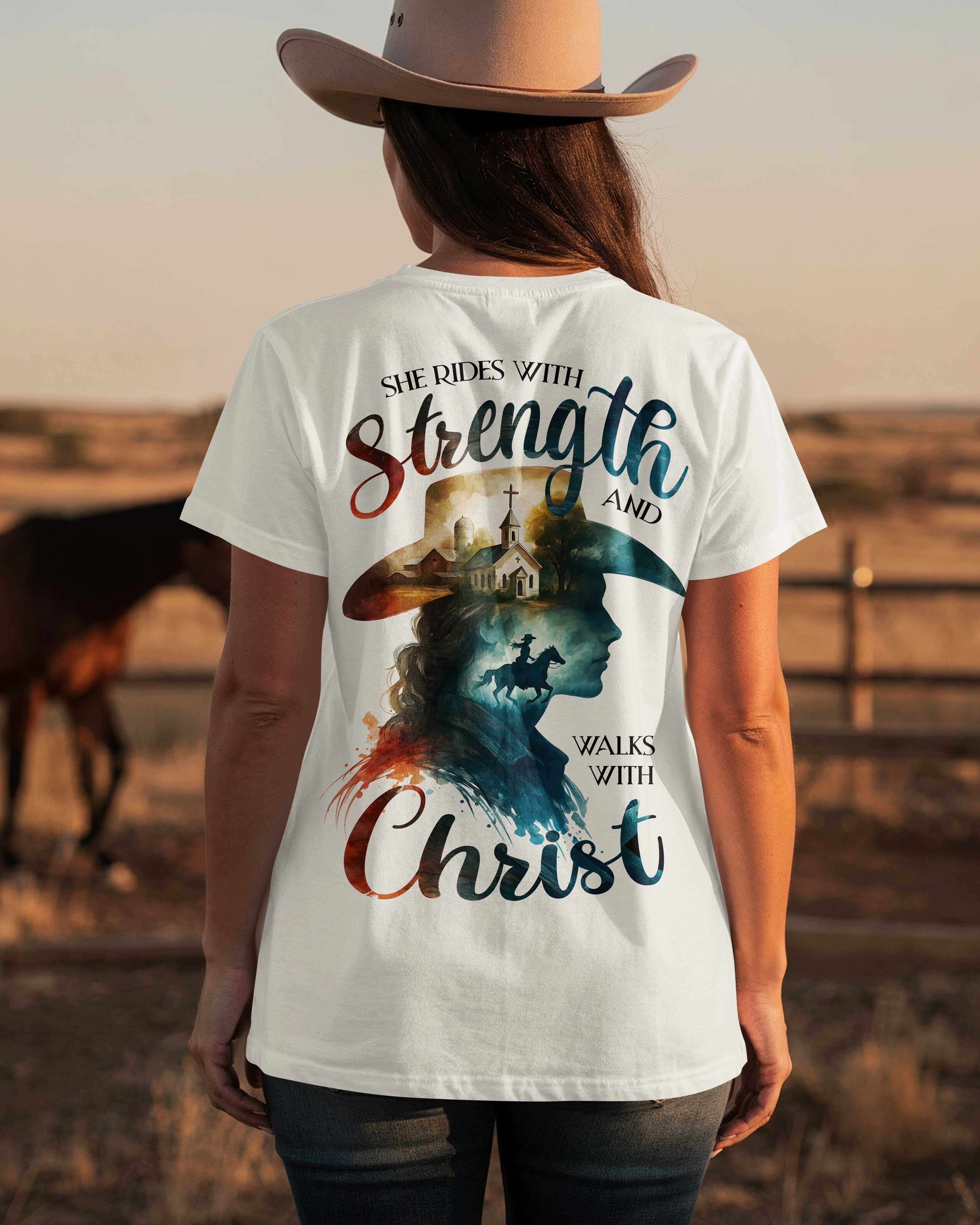 She Rides With Strength And Walks With Christ T-Shirt