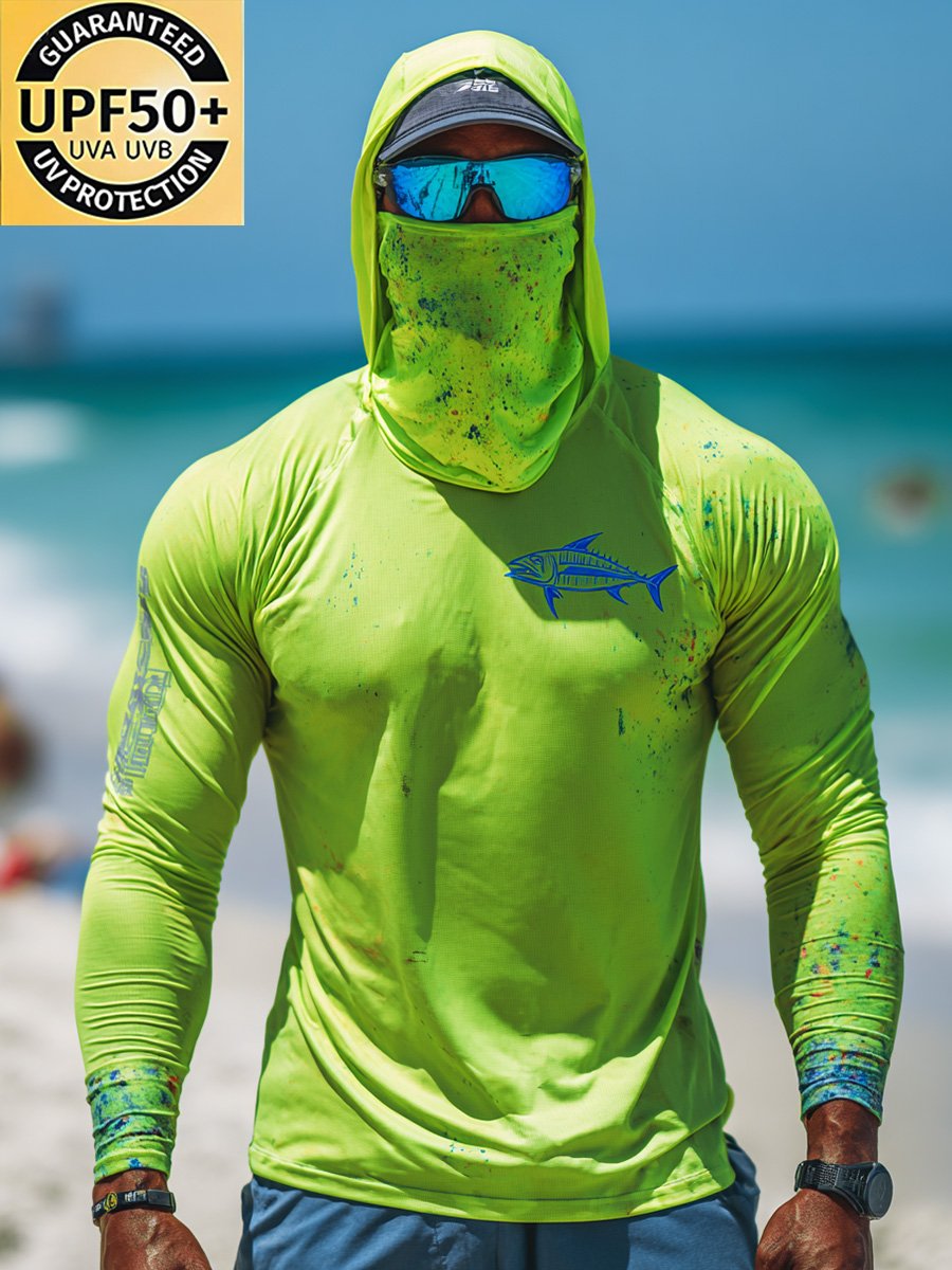 Men's Outdoor Sun Protection Breathable Cool Face Mask Hooded Printed Long-Sleeved Top