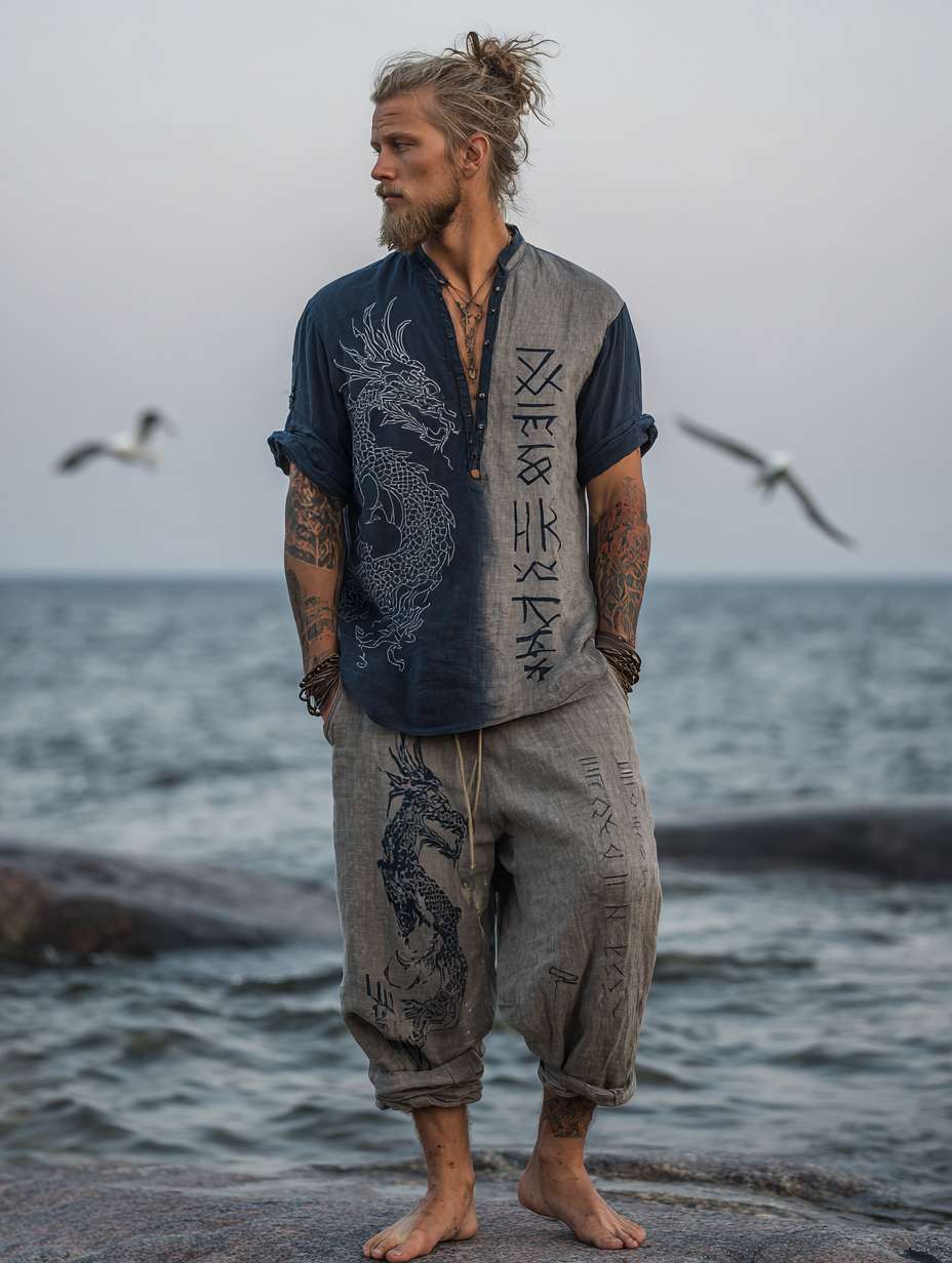 Men's Vintage Viking Distressed Retro Dragon Rune Design Linen Shirt