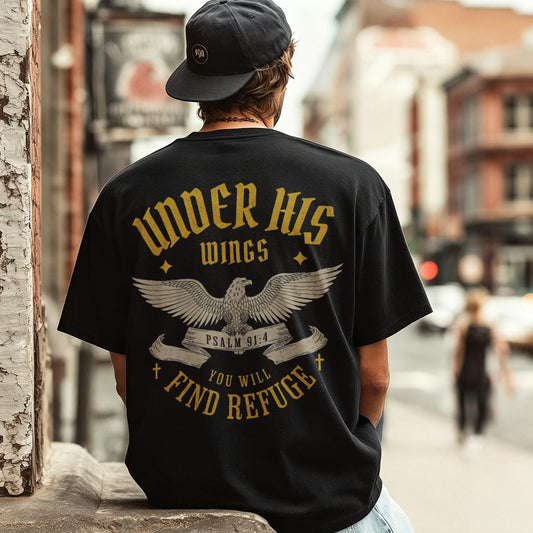 Under His Wings Psalm 91:4 You Will Find Refuge Printed Men's T-shirt