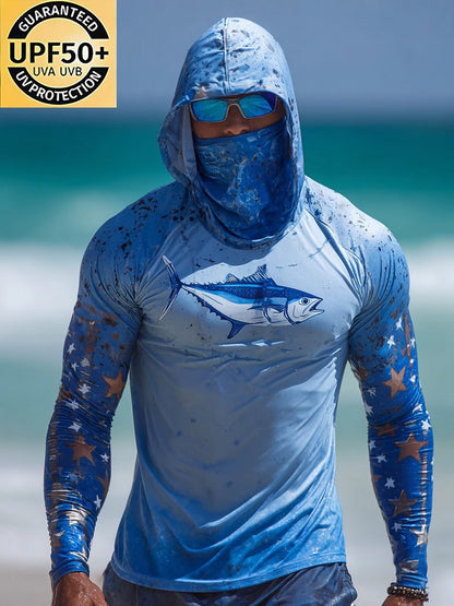 Men's Outdoor Sun Protection Breathable Cool Face Mask Hooded Printed Long-Sleeved Top