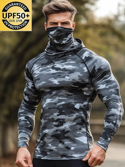 Men's Outdoor Sun Protection Breathable Cool Hunting Camouflage Mask Hooded Sun Protection Long-Sleeved Top