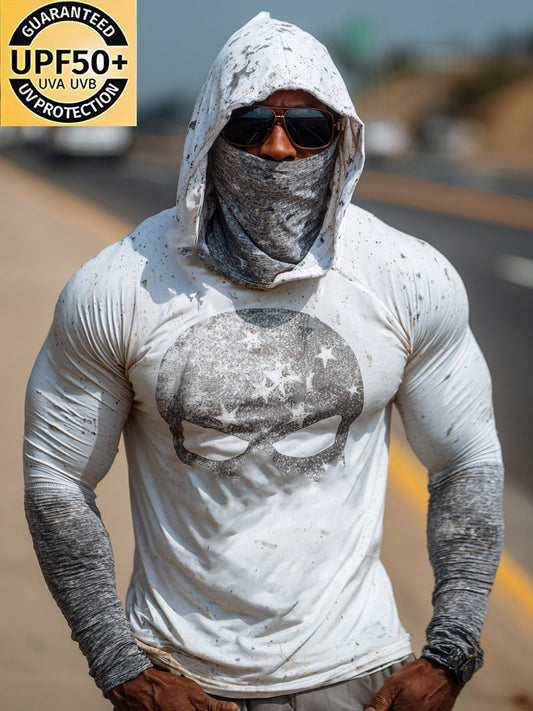 Men's Retro Skull Outdoor Sun Protection Breathable Cooling Mask Hooded Sun Protection Long Sleeve Top