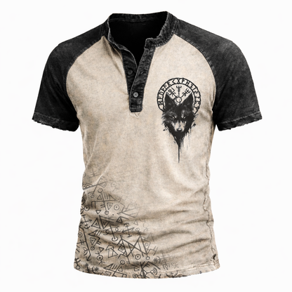 Men's Wolf Runic Print Henley T-Shirt - Vintage Distressed Two-Tone Short Sleeve Casual Top