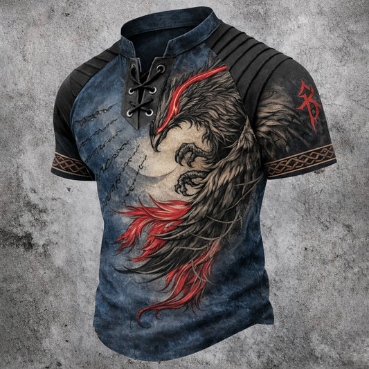 Men's Vintage Phoenix Graphic Lace-Up T-Shirt - Stand Collar Short Sleeve Top