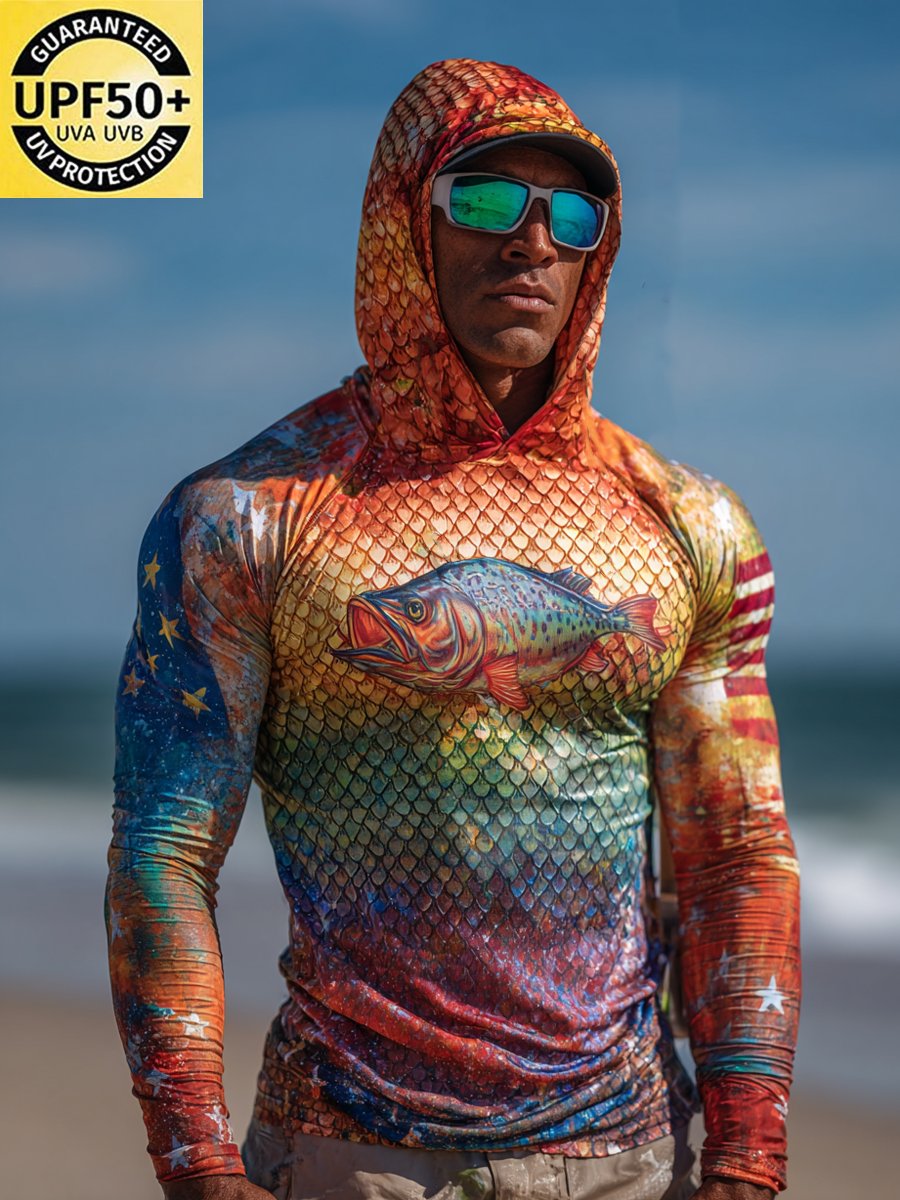 Men's Outdoor Sun Protection Breathable Cool Face Mask Hooded Printed Long-Sleeved Top