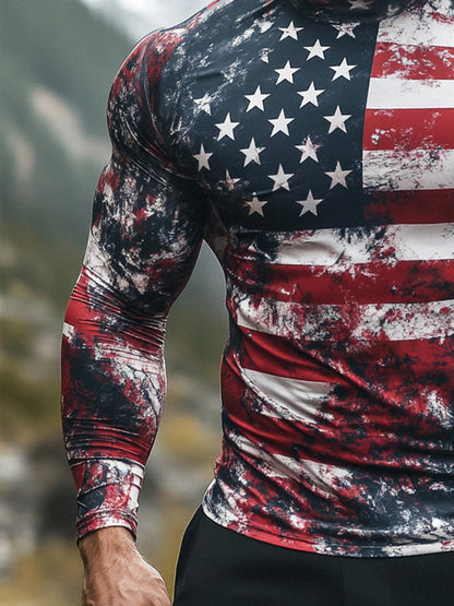Men's Outdoor Sun Protection Breathable Cool Mask American Flag Print Hooded Sun Protection Long Sleeve Top