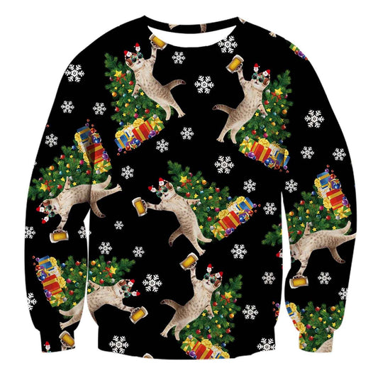 Unisex Beer DJ Cats Print Crew Neck Ugly Christmas Sweatshirt