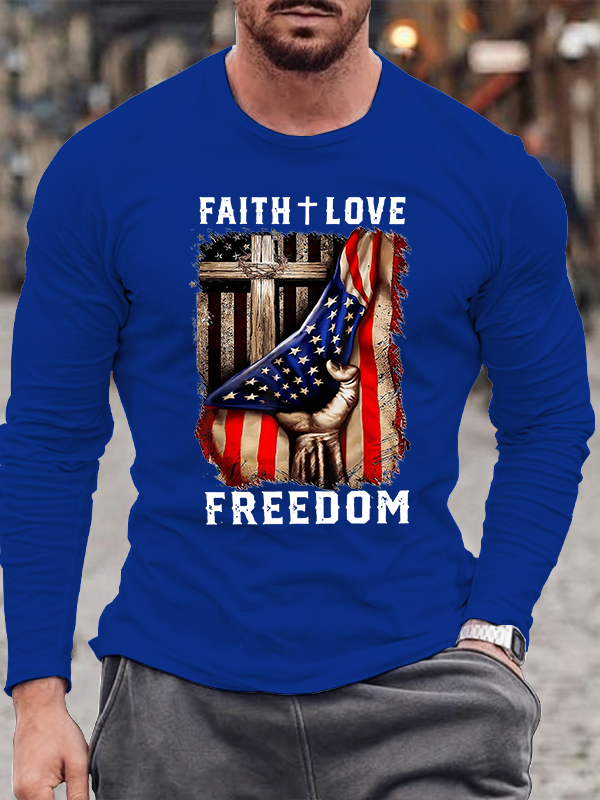 Flag Faith Love Freedom Cotton Long Sleeve T-Shirt
