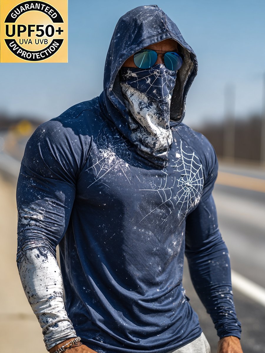 Men's Retro Blue Spider Web Print Outdoor Sun Protection Breathable Cooling Mask Hooded Sun Protection Long Sleeve Top