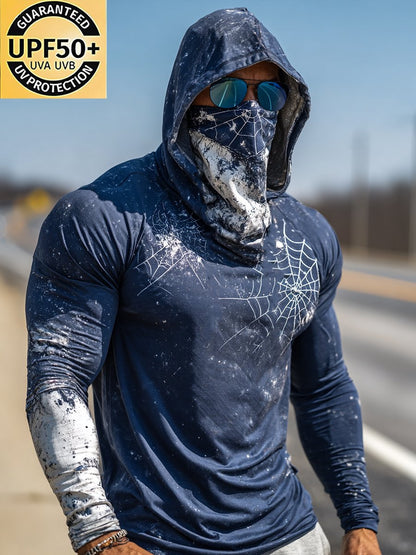 Men's Retro Blue Spider Web Print Outdoor Sun Protection Breathable Cooling Mask Hooded Sun Protection Long Sleeve Top