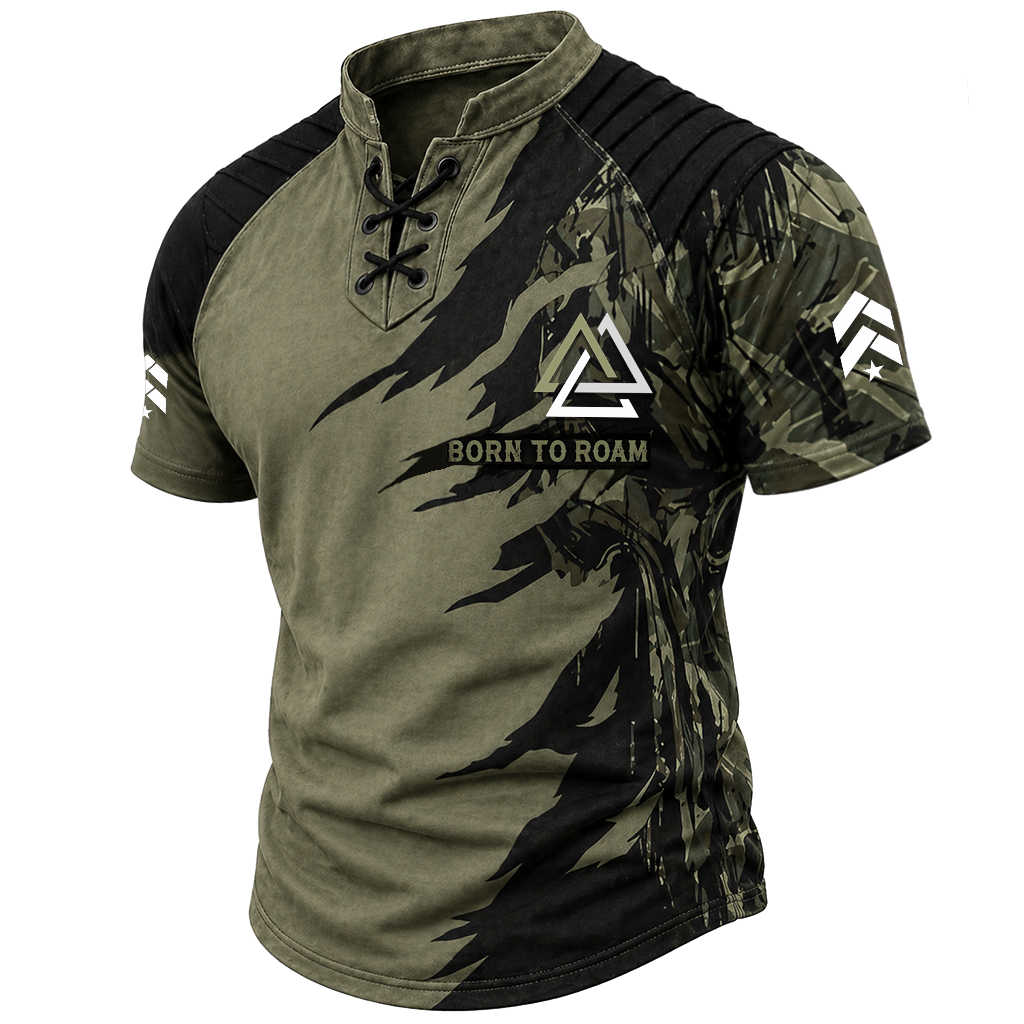 Men's Tactical Distressed Graphic Lace-Up Henley T-Shirt - Olive Green Short Sleeve with Ribbed Yoke