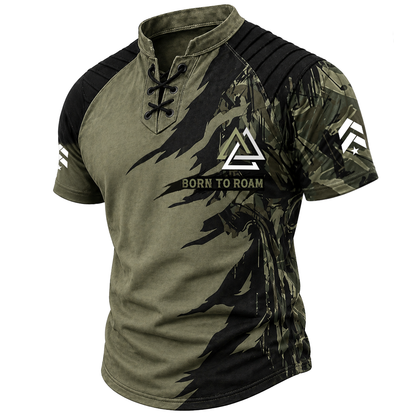 Men's Tactical Distressed Graphic Lace-Up Henley T-Shirt - Olive Green Short Sleeve with Ribbed Yoke