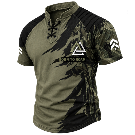 Men's Tactical Distressed Graphic Lace-Up Henley T-Shirt - Olive Green Short Sleeve with Ribbed Yoke