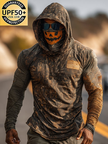 Men's Retro Skull Logo Outdoor Sun Protection Breathable Cooling Mask Hooded Sun Protection Long Sleeve Top