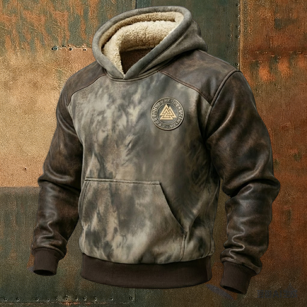 Nordic Retro Hoodie with Viking Vegvisir Symbol and Celtic Fleece Collar