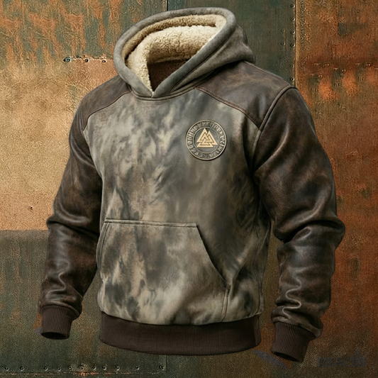 Nordic Retro Hoodie with Viking Vegvisir Symbol and Celtic Fleece Collar