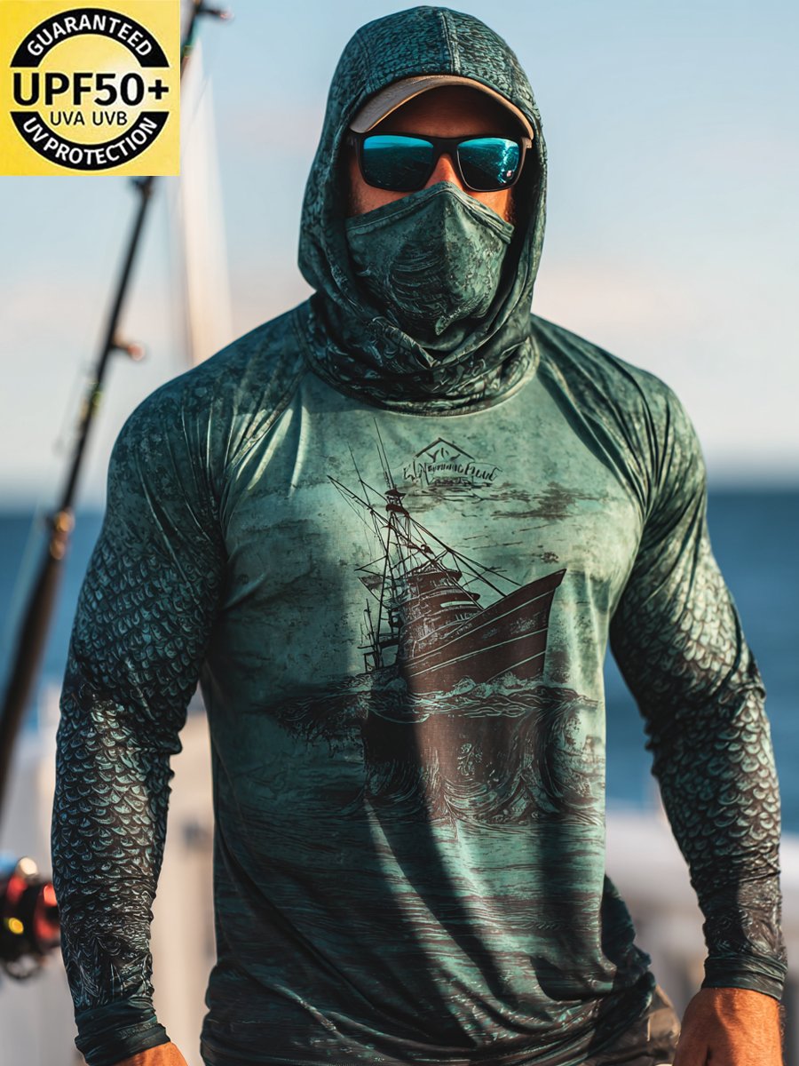 Men's Outdoor Sun Protection Breathable Cool Face Mask Hooded Printed Long-Sleeved Top