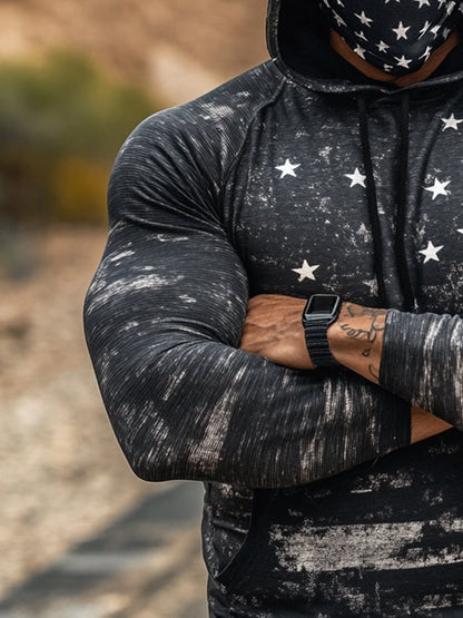 Men's Outdoor Sun Protection Breathable Cool Mask American Flag Print Hooded Sun Protection Long Sleeve Top