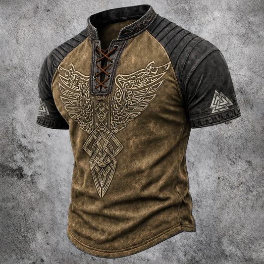Men's Viking Norse Graphic Henley T-Shirt - Two-Tone Lace-Up Short Sleeve Top