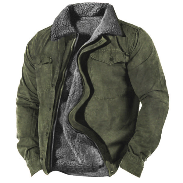 Men's Warm Coat Retro Fleece Cotton Solid Color Lapel Coat Jacket