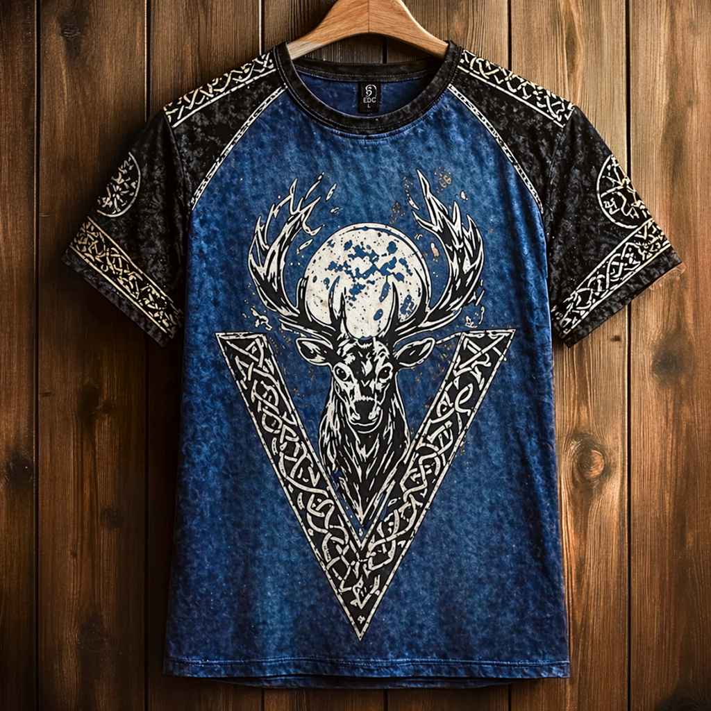 Men's Mystic Deer Head Graphic T-Shirt - Blue Washed Celtic Knot Raglan Short Sleeve