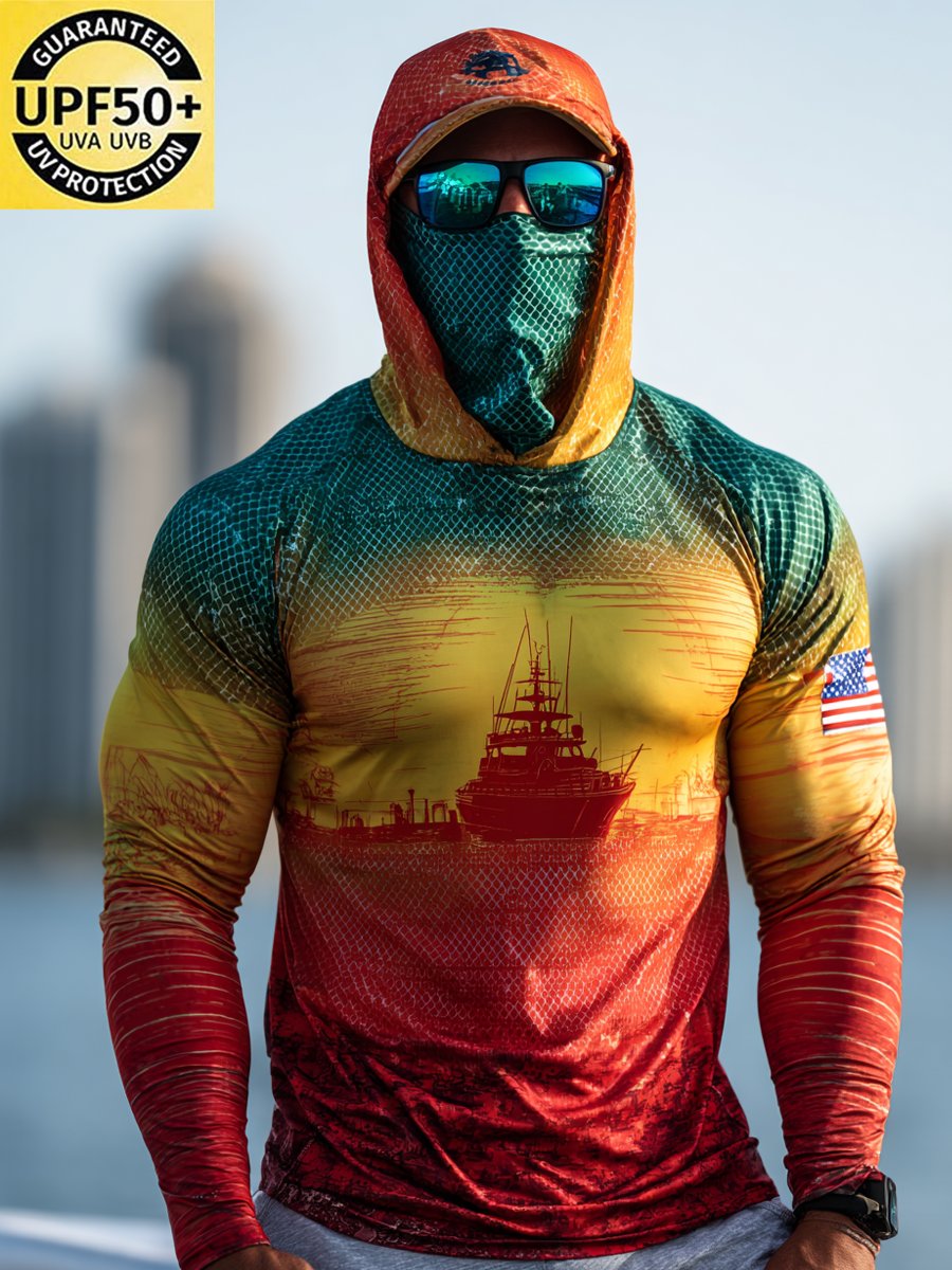 Men's Outdoor Sun Protection Breathable Cool Face Mask Hooded Printed Long-Sleeved Top