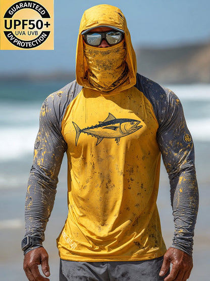 Men's Outdoor Sun Protection Breathable Cool Face Mask Hooded Printed Long-Sleeved Top
