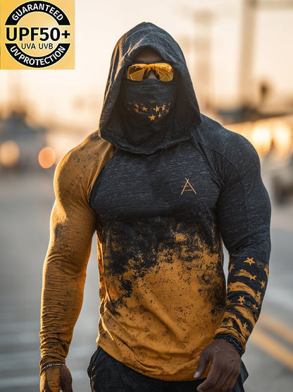 Men's Retro Logo Print Outdoor Sun Protection Breathable Cooling Mask Hooded Sun Protection Long Sleeve Top