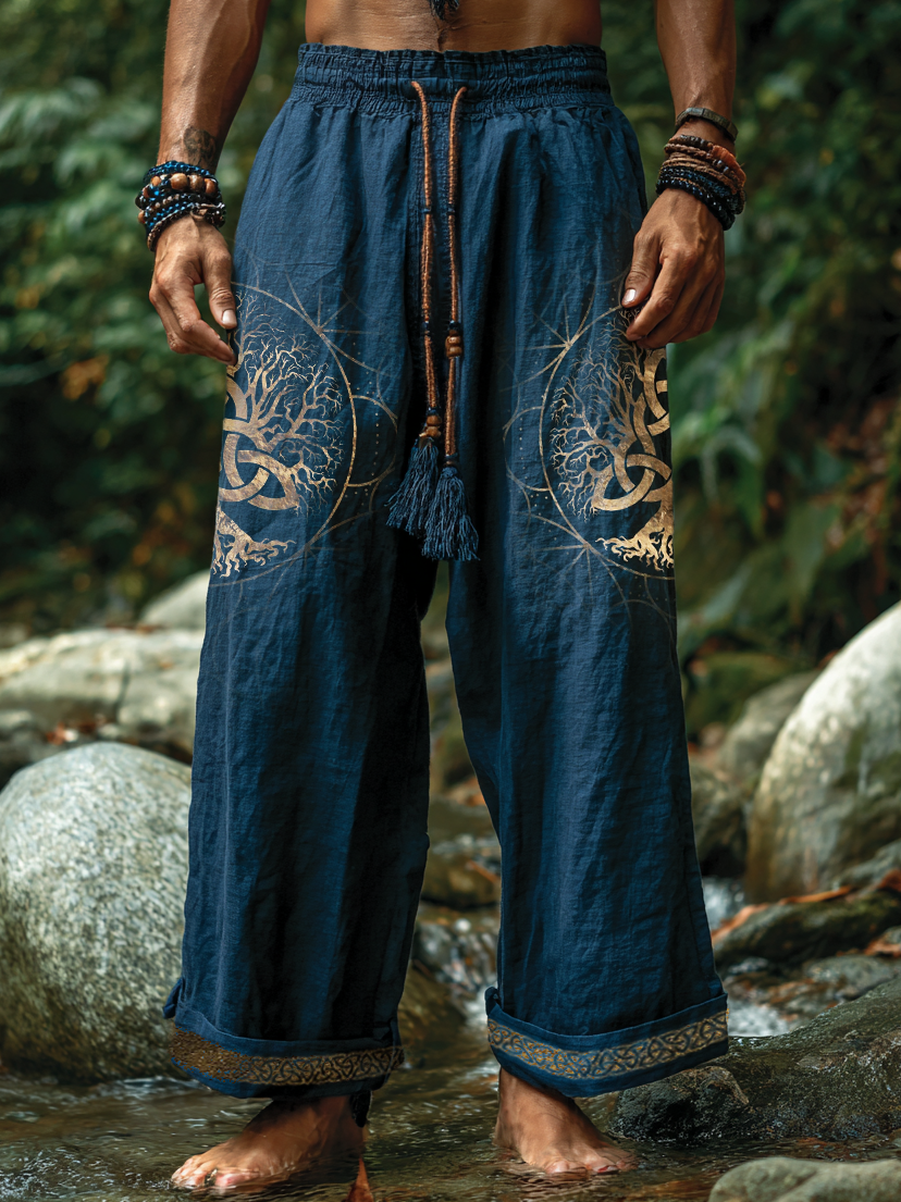 Men's Viking Holiday Style Tree Of Life Totem Vintage Nordic Casual Linen Pants