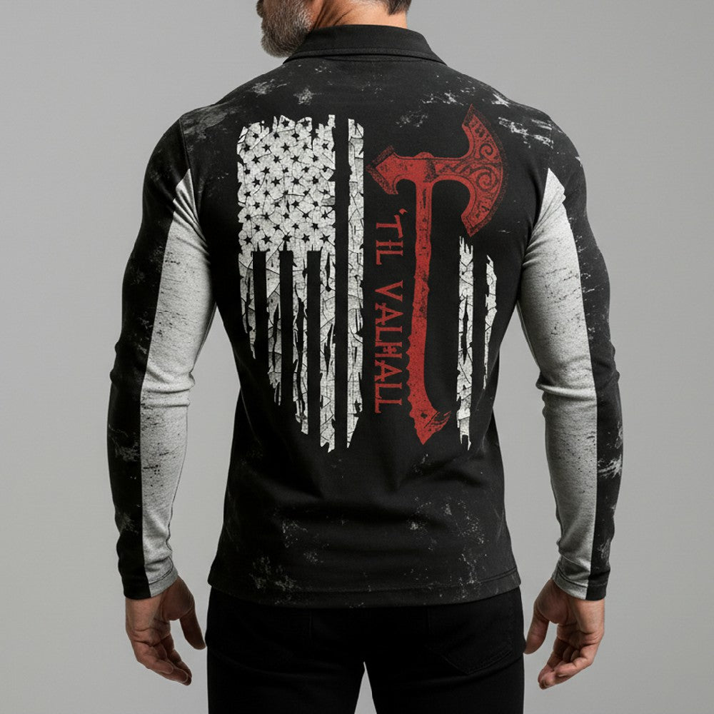 Vintage-washed printed Viking battle axe with American spirit half-zip pocket sweatshirt