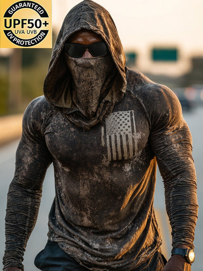 Men's Retro Flag Print Outdoor Sun Protection Breathable Cooling Mask Hooded Sun Protection Long Sleeve Top