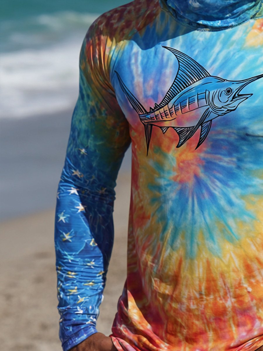 Men's Outdoor Sun Protection Breathable Cool Face Mask Hooded Printed Long-Sleeved Top