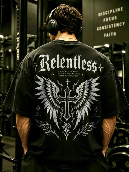 Relentless Winged Cross Discipline Motivational Printed Men's Washed T-shirt