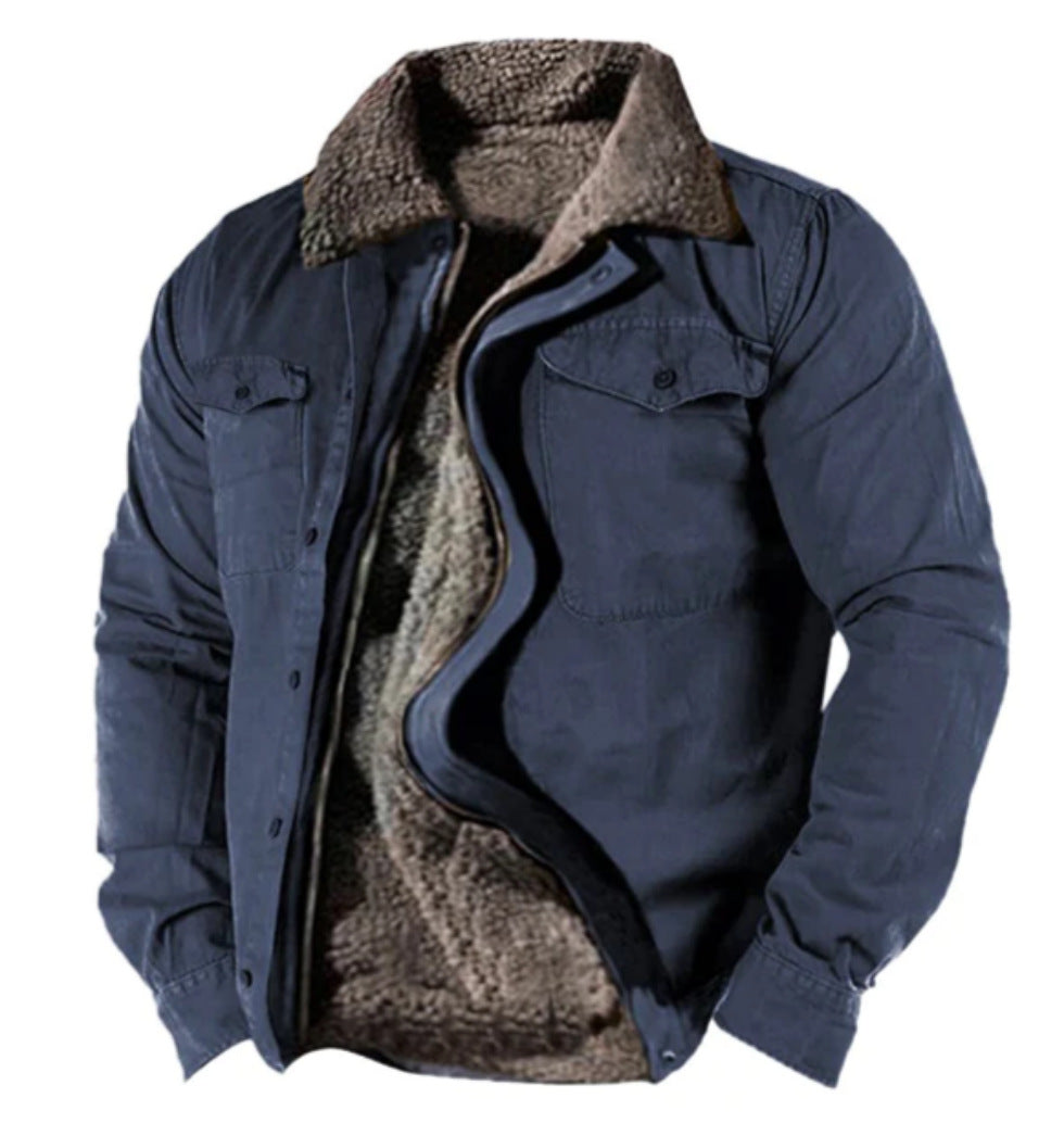 Men's Warm Coat Retro Fleece Cotton Solid Color Lapel Coat Jacket