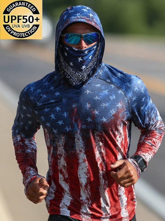 Men's Outdoor Sun Protection Breathable Cool Face Mask Hooded Printed Long-Sleeved Top