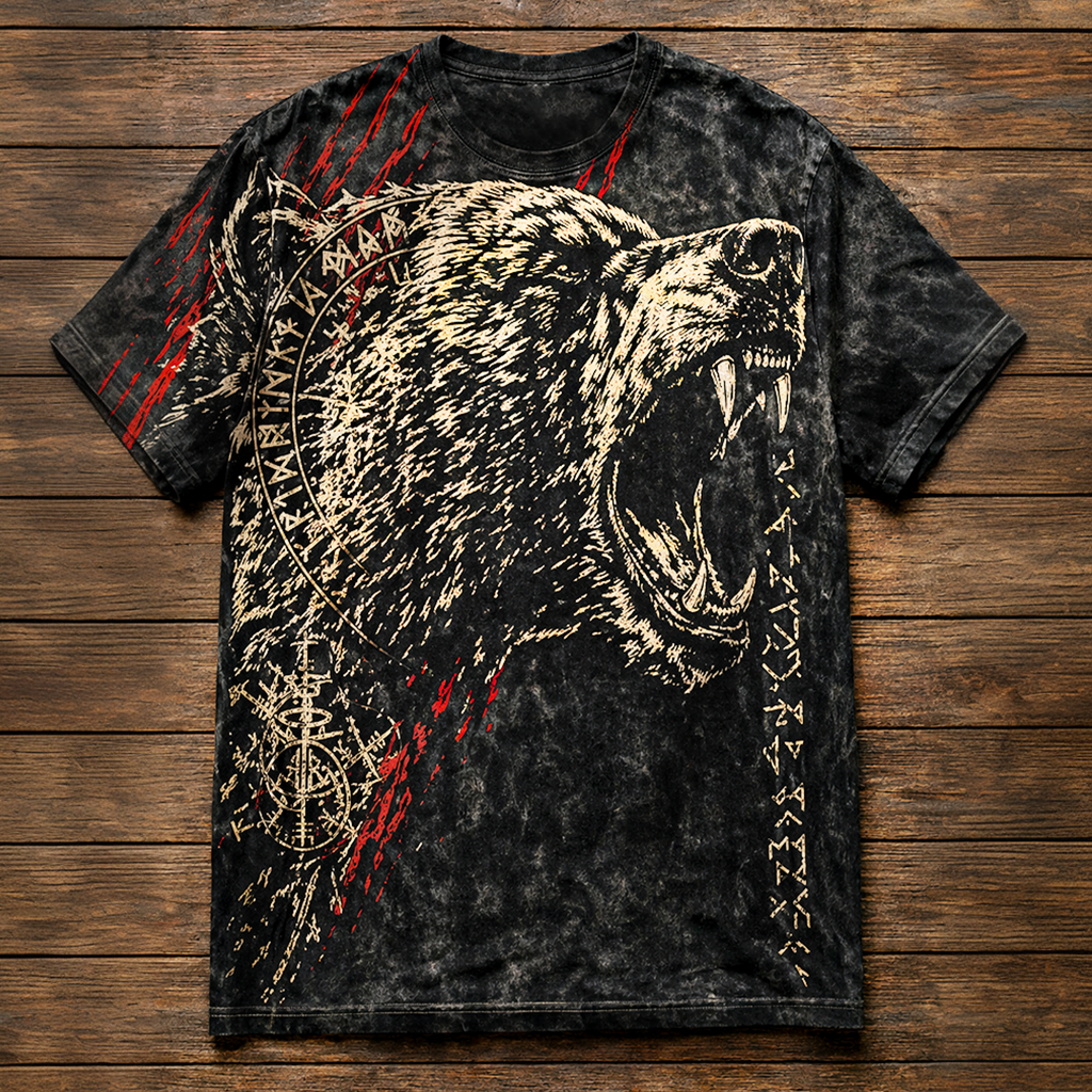 Unisex Roaring Bear Norse Runes T-Shirt - Black Acid Wash Short Sleeve Viking Tee